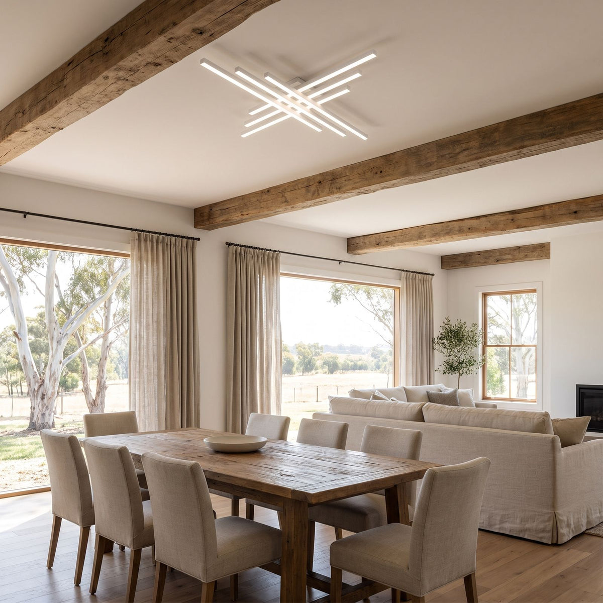 Crossed Linear Bar LED Ceiling Light 120 cm in a large open-plan room