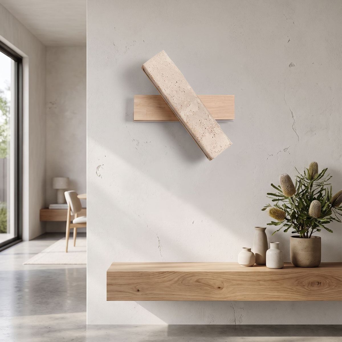 Crossed Travertine and Wood Rotating Wall Light in a pair on a wall of an Australian home