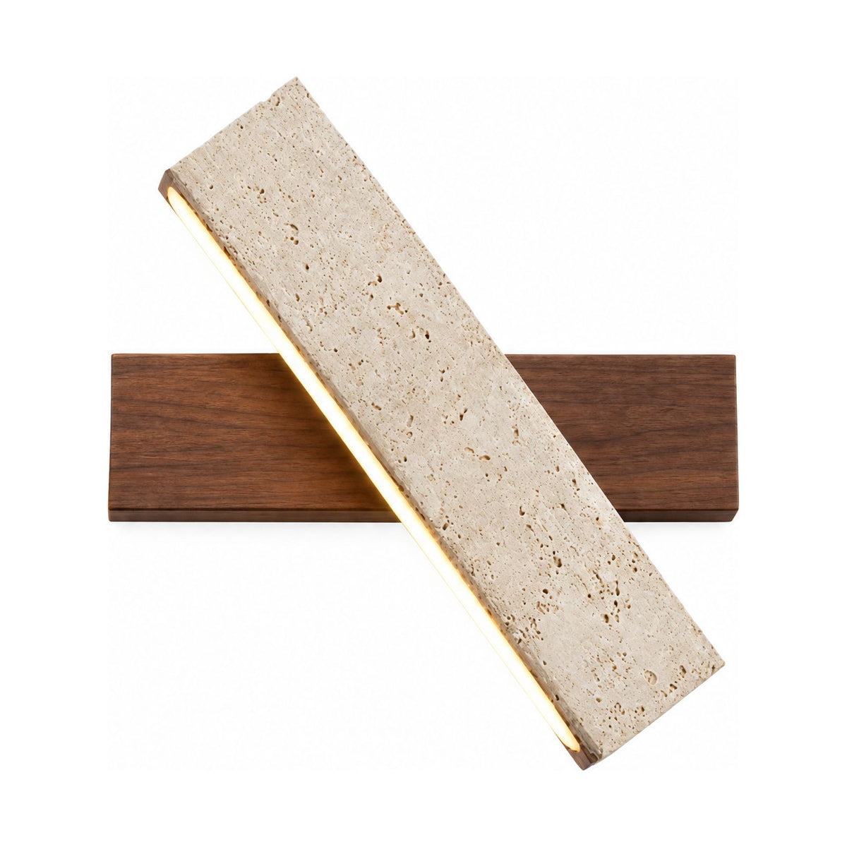 Crossed Travertine and Wood Rotating Wall Light in Walnut on a white background