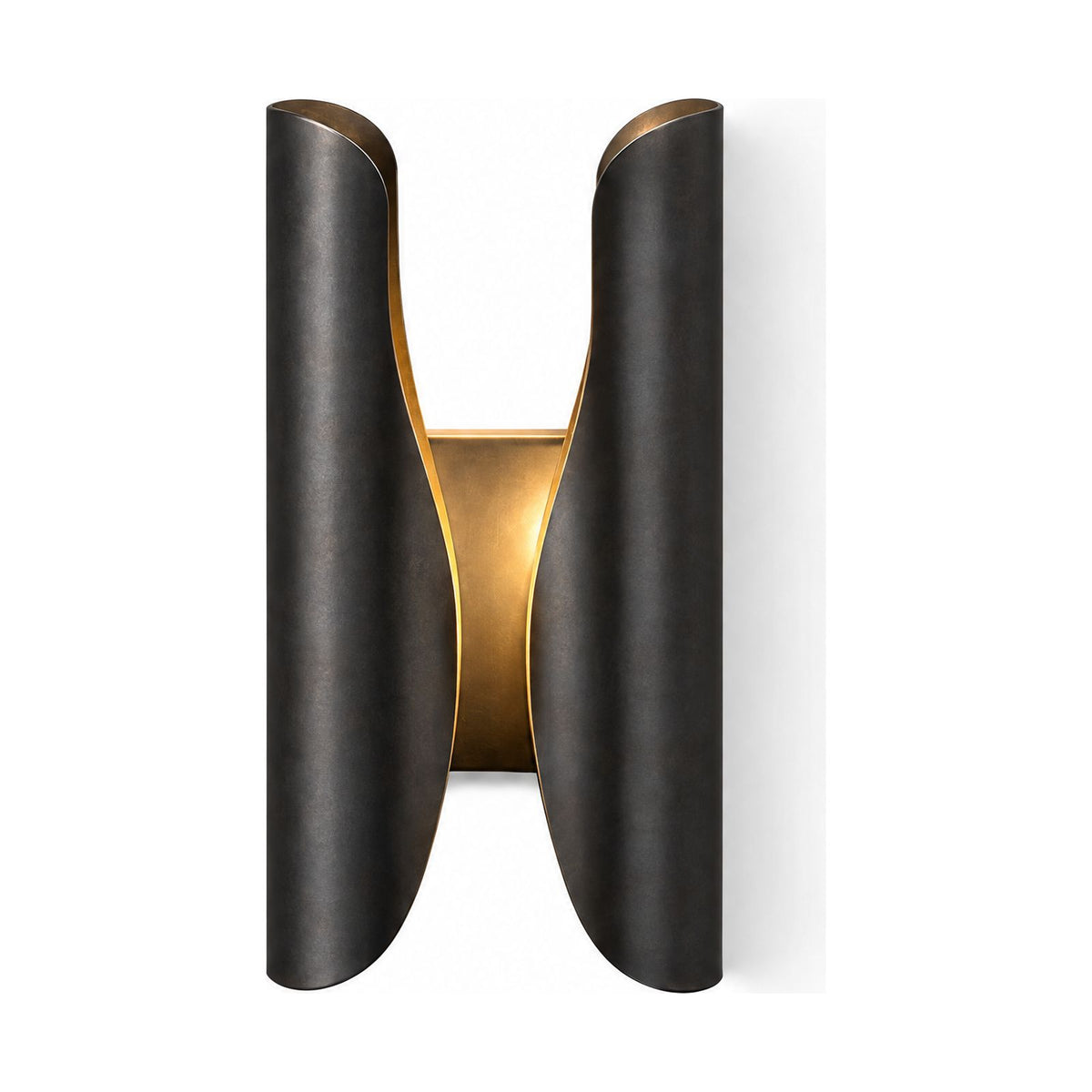 Curled Brass Panel Wall Sconce in Blackened on a white background