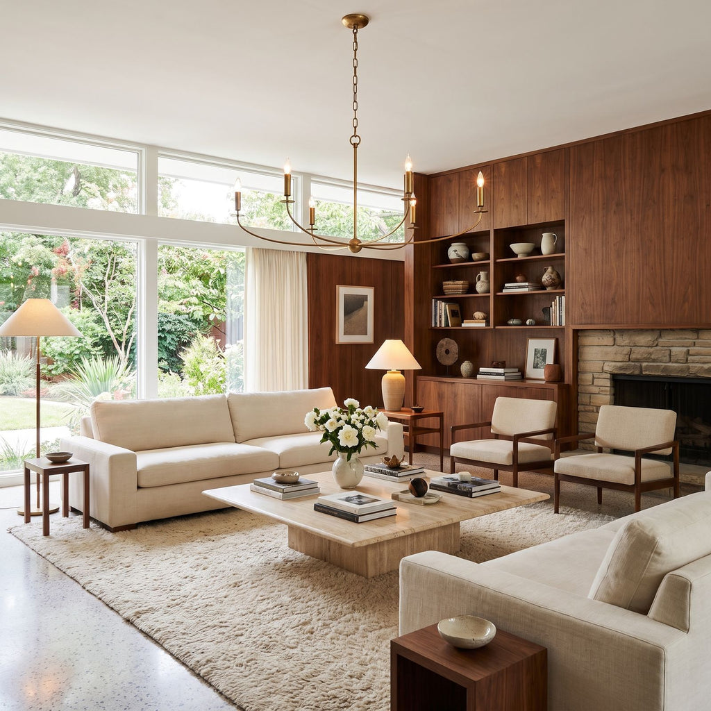 Curved Arm Antique Gold Iron Candle Chandelier above a coffee table in a living room in daylight