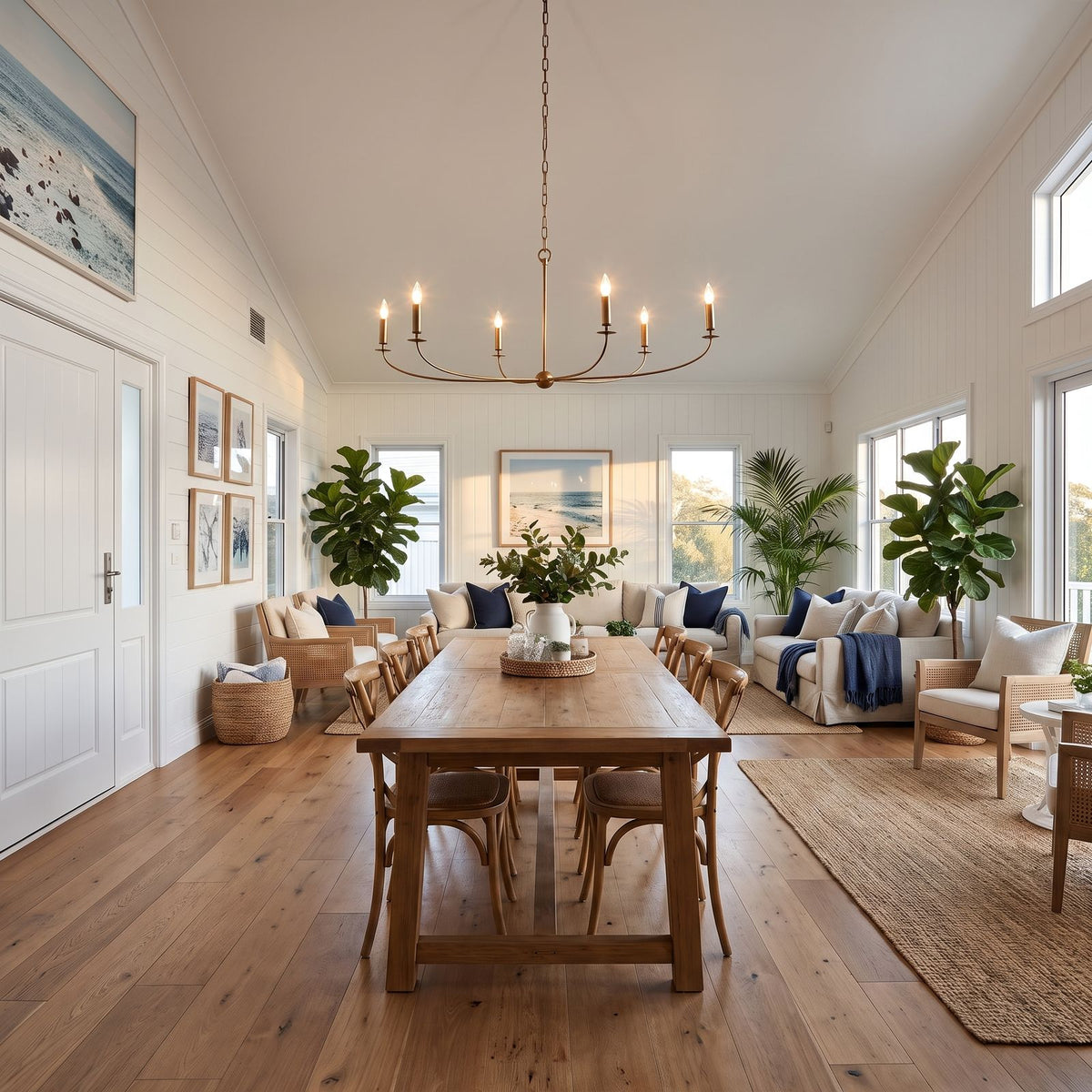 Curved Arm Antique Gold Iron Candle Chandelier in an open-plan living and dining room, wide view