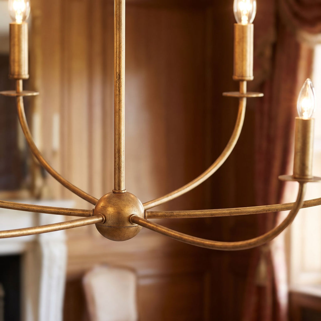 Curved Arm Antique Gold Iron Candle Chandelier: close-up of the materials and finish