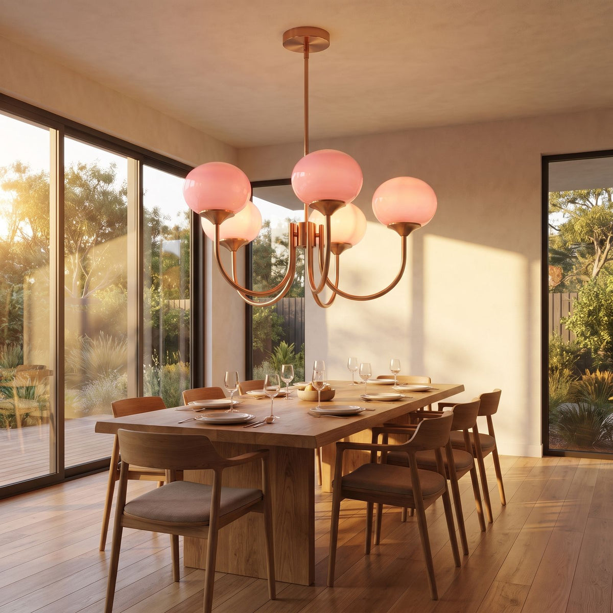 Curved arm opal glass globe chandelier over a dining table, wide view