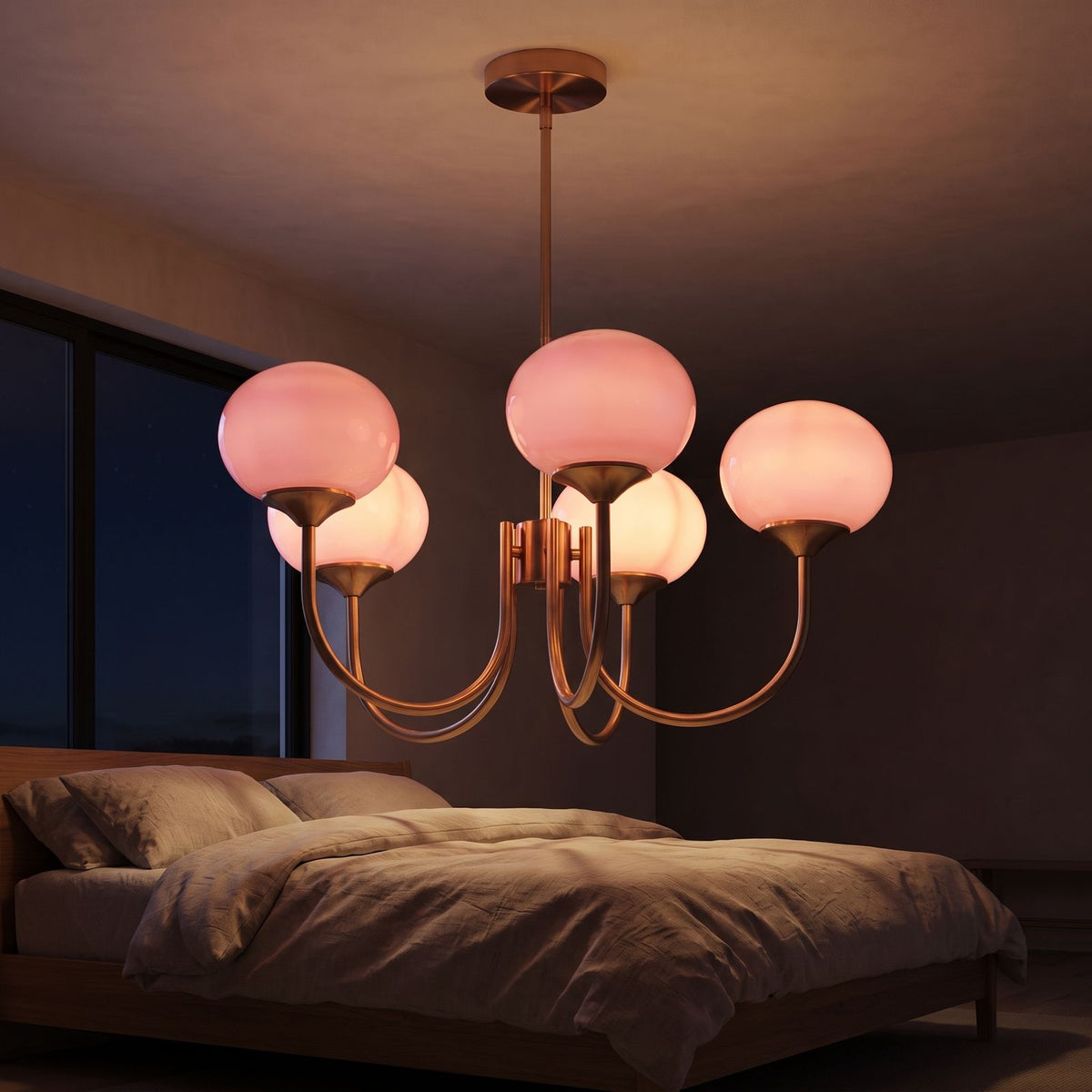 Curved arm opal glass globe chandelier in a bedroom at night