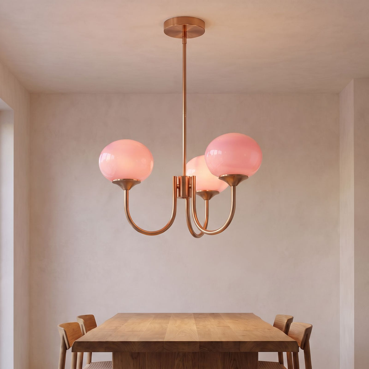 Curved Arm Opal Glass Mushroom Globe Pendant Light with three heads above a dining table