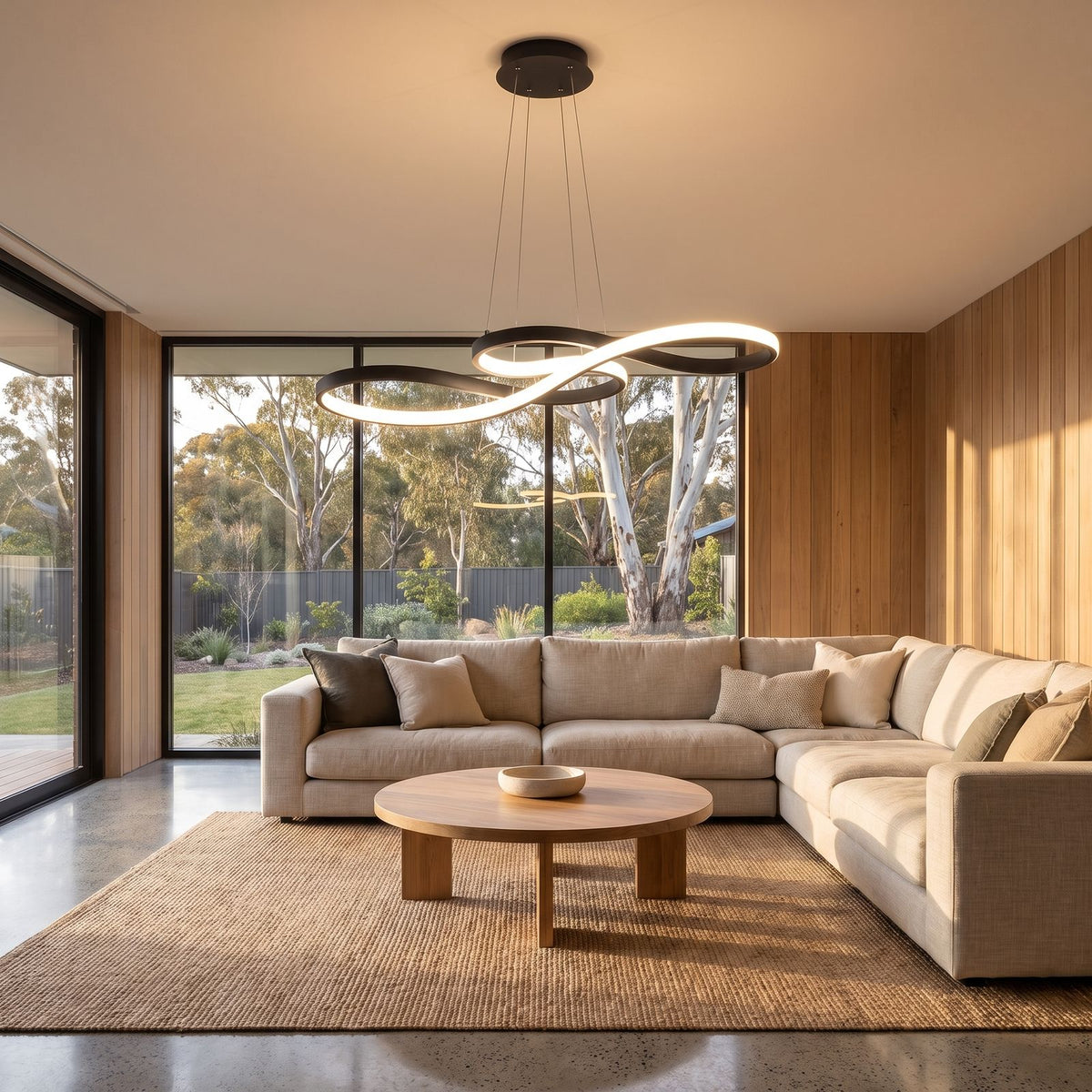Curved ribbon aluminium LED pendant light in a wide living room view