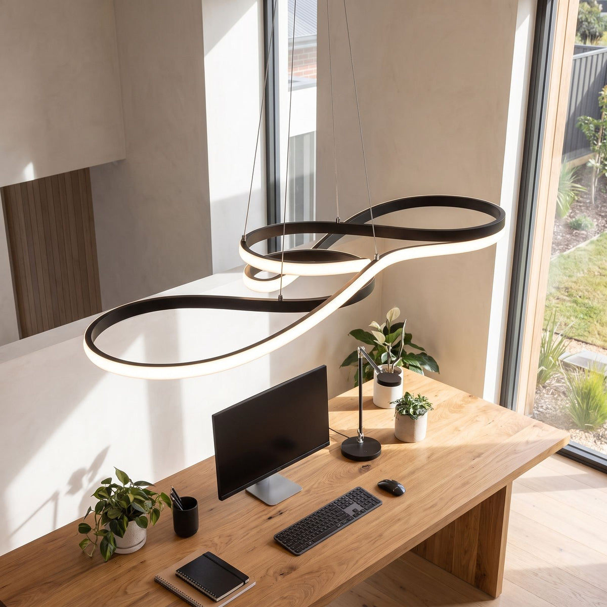 Curved ribbon aluminium LED pendant light above a home office desk in daylight