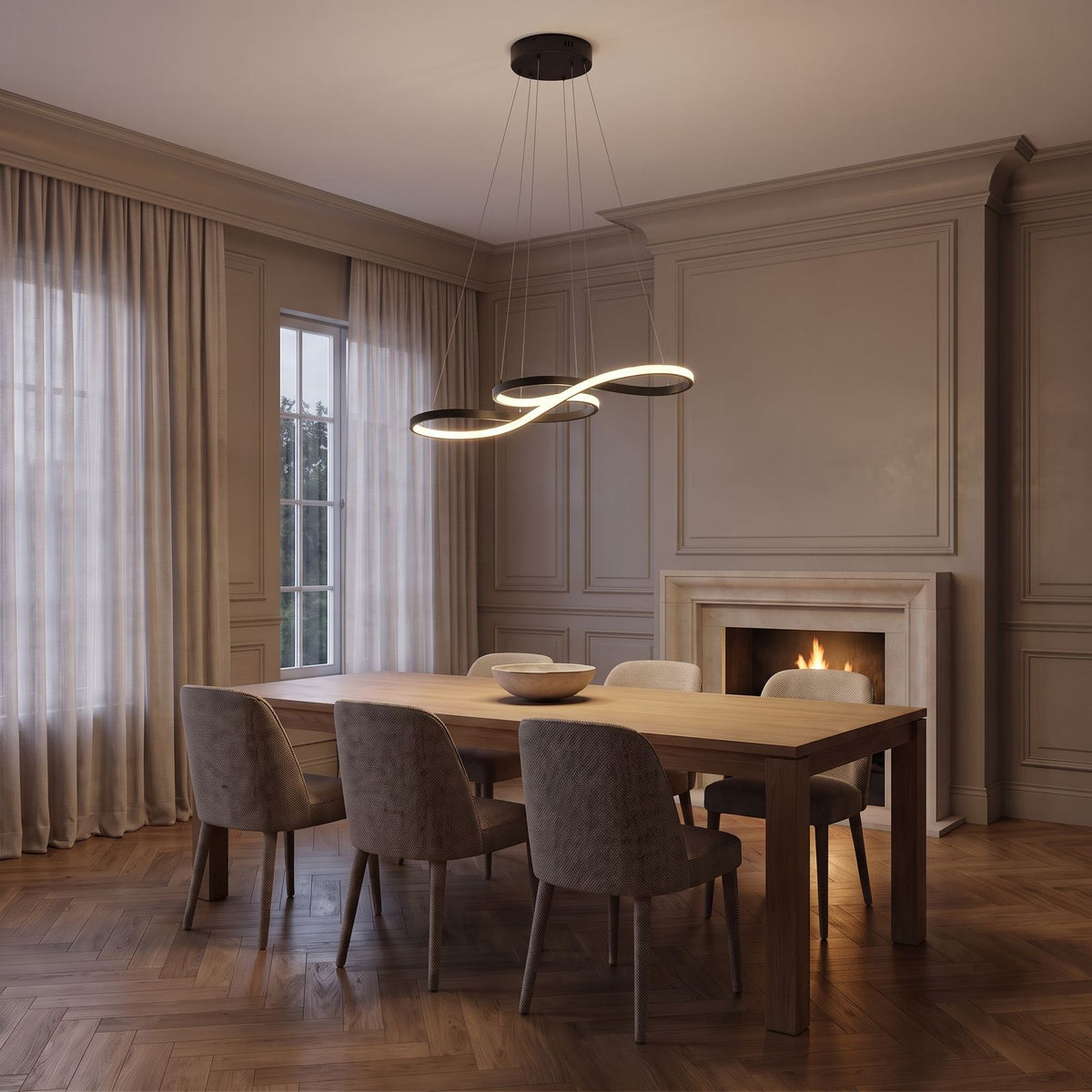 Black Curved Ribbon Aluminium LED Pendant Light above the dining table in a panelled classic dining room with a fireplace