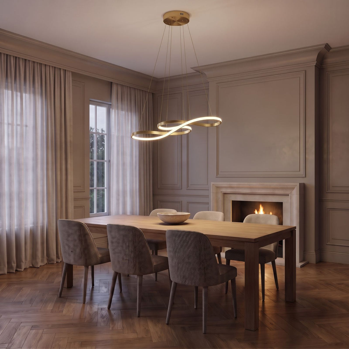 Gold Curved Ribbon Aluminium LED Pendant Light above the dining table in a panelled classic dining room with a fireplace