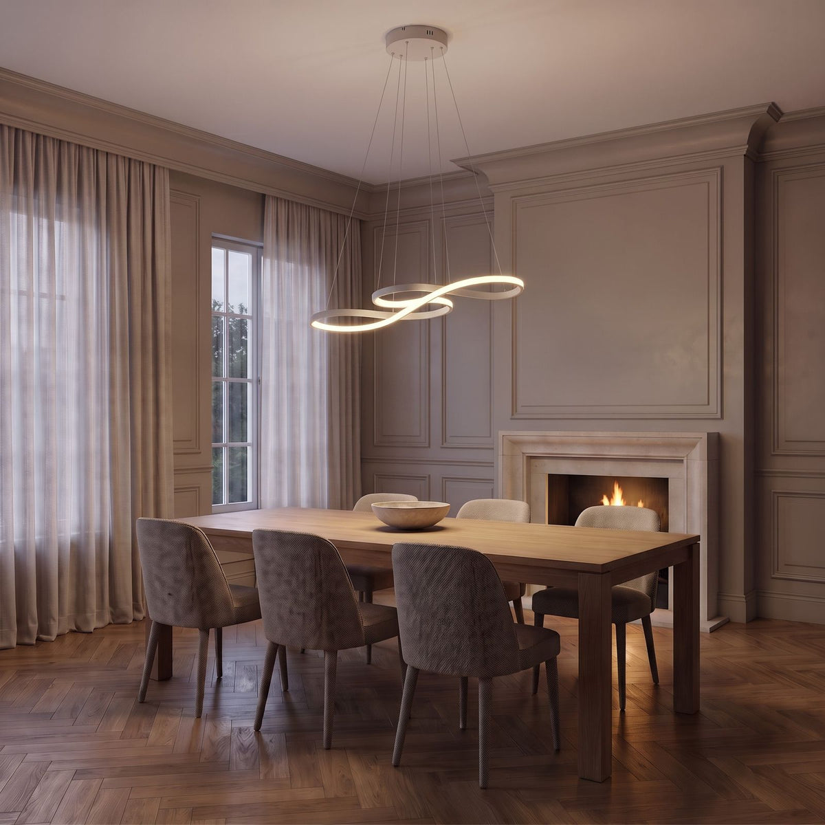 White Curved Ribbon Aluminium LED Pendant Light above the dining table in a panelled classic dining room with a fireplace