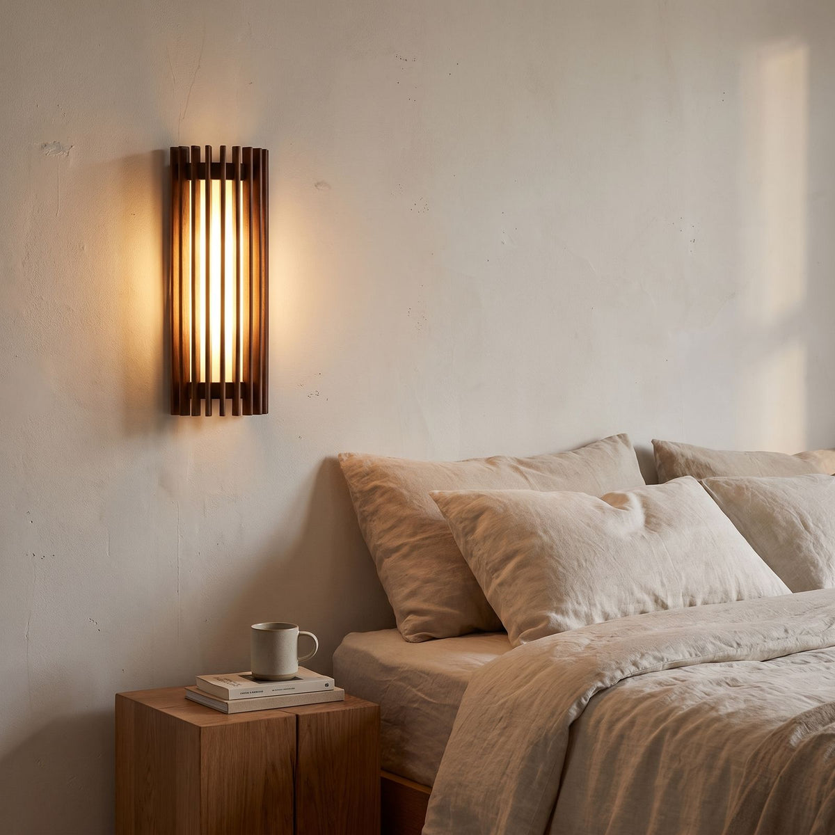 Curved Slatted Wood LED Wall Sconce beside a bed