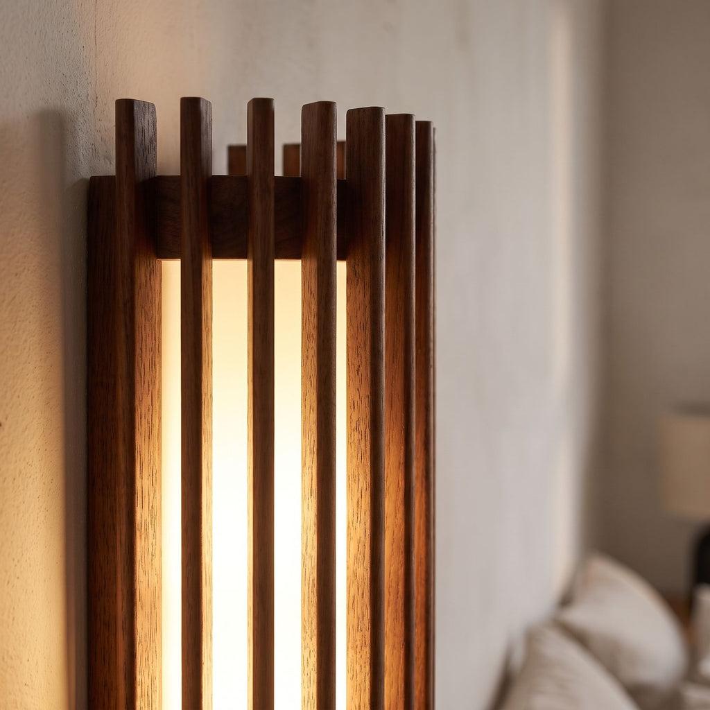 Close-up of the walnut slats and opal diffuser