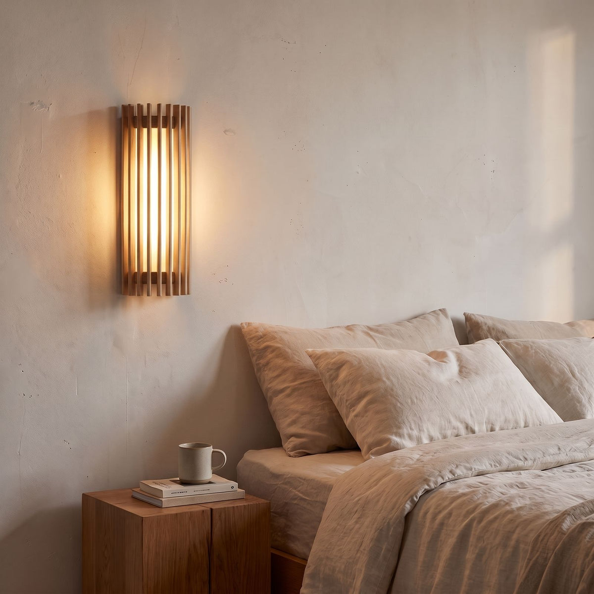 Curved Slatted Wood LED Wall Sconce in natural wood beside a bed