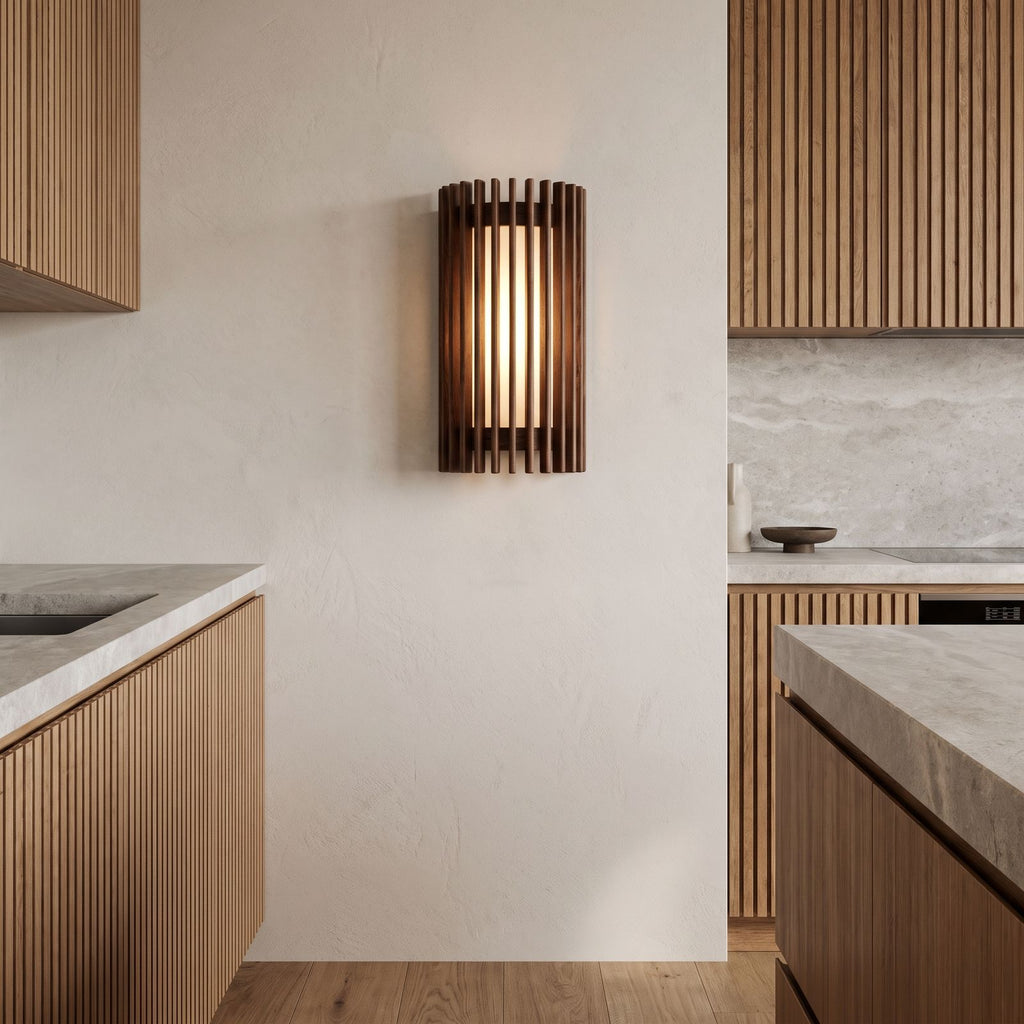 Curved Slatted Wood LED Wall Sconce on a kitchen wall