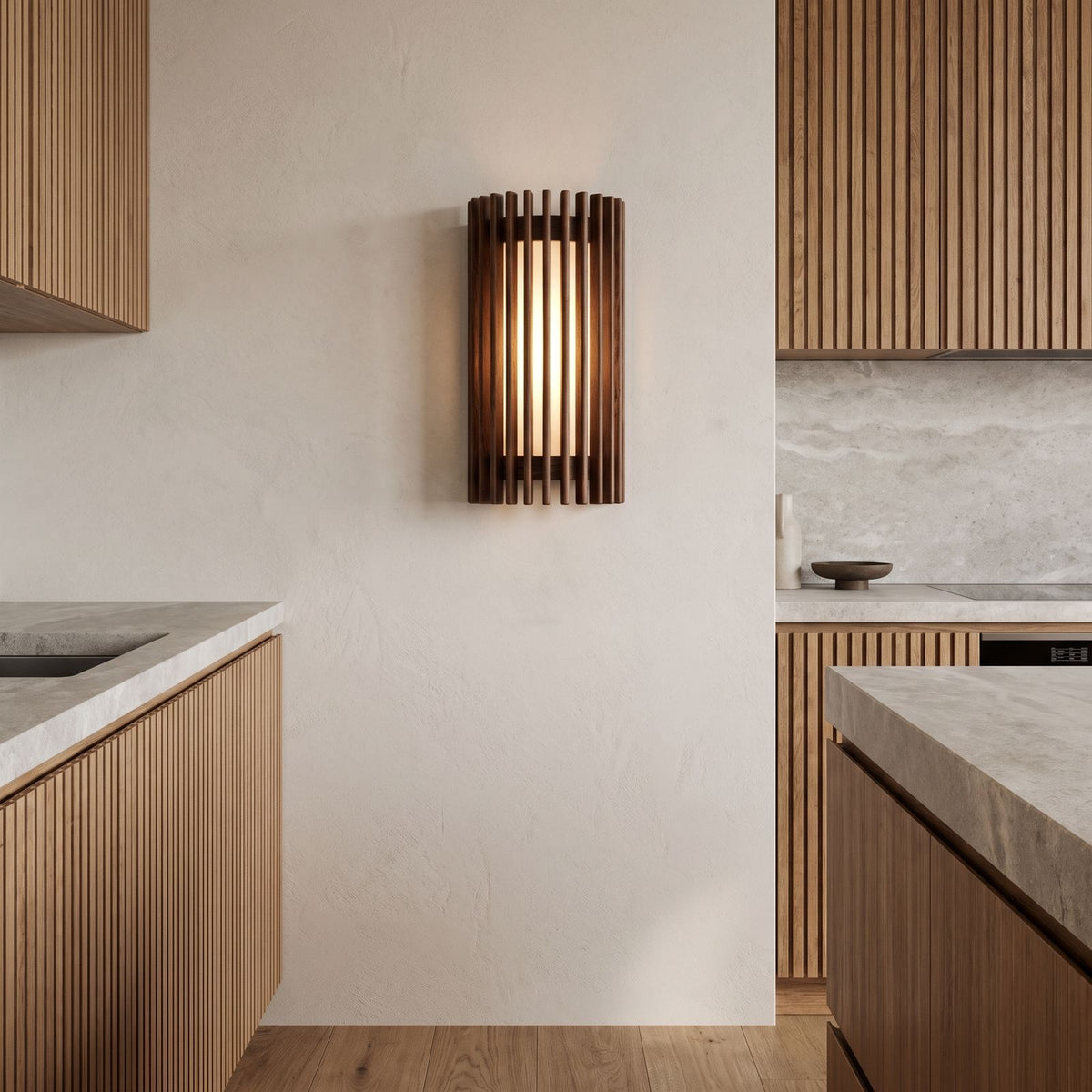 Curved Slatted Wood LED Wall Sconce on a kitchen wall
