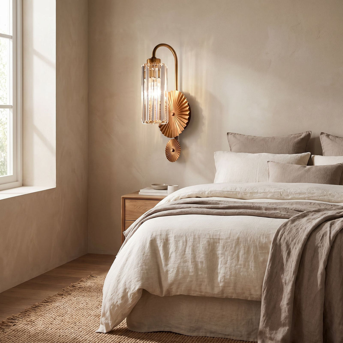 Diagonal Fluted Glass Cylinder Wall Light on a bedroom wall beside the bed