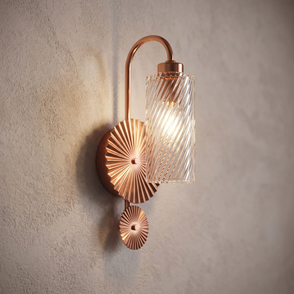 Diagonal Fluted Glass Cylinder Wall Light, close view at 45 degrees on a plaster wall