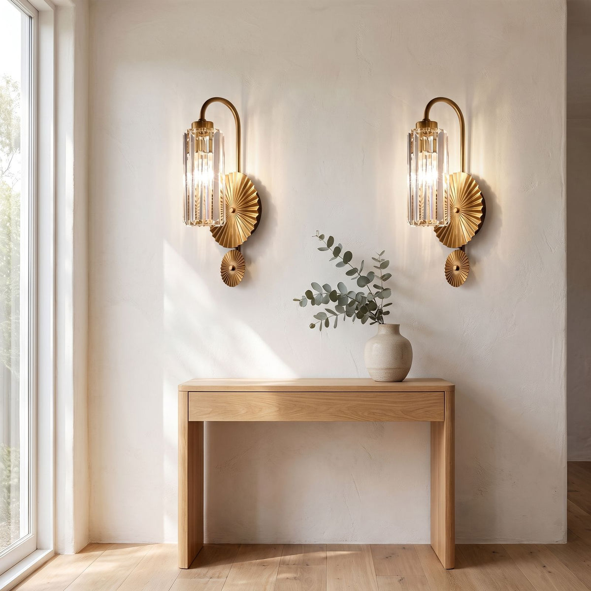 Diagonal Fluted Glass Cylinder Wall Light in a pair on a wall of an Australian home