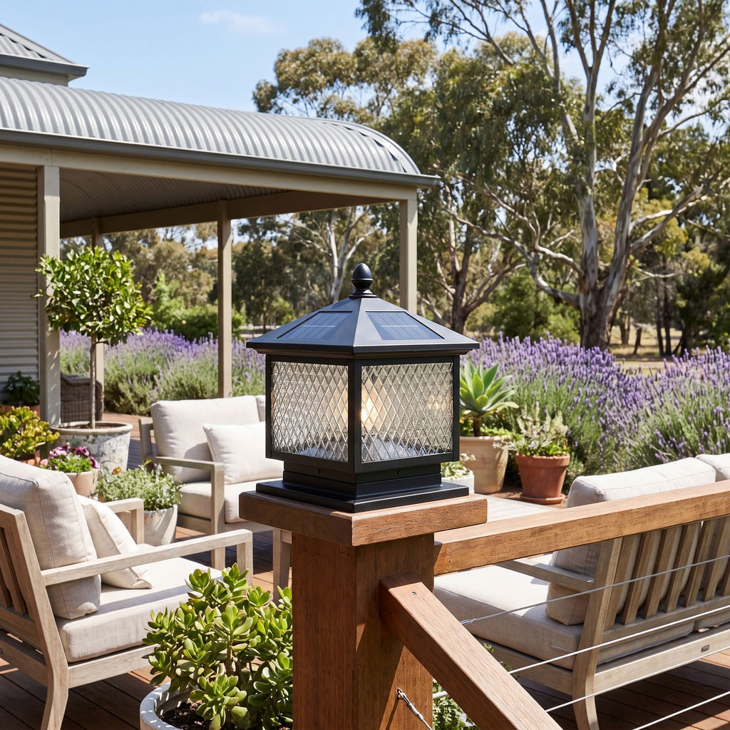 Diamond Pattern Glass Lantern Solar Post Light on a timber deck post in daylight