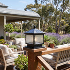 Diamond Pattern Glass Lantern Solar Post Light on a timber deck post in daylight