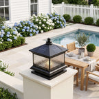 Diamond Pattern Glass Lantern Solar Post Light on a courtyard terrace pillar in daylight