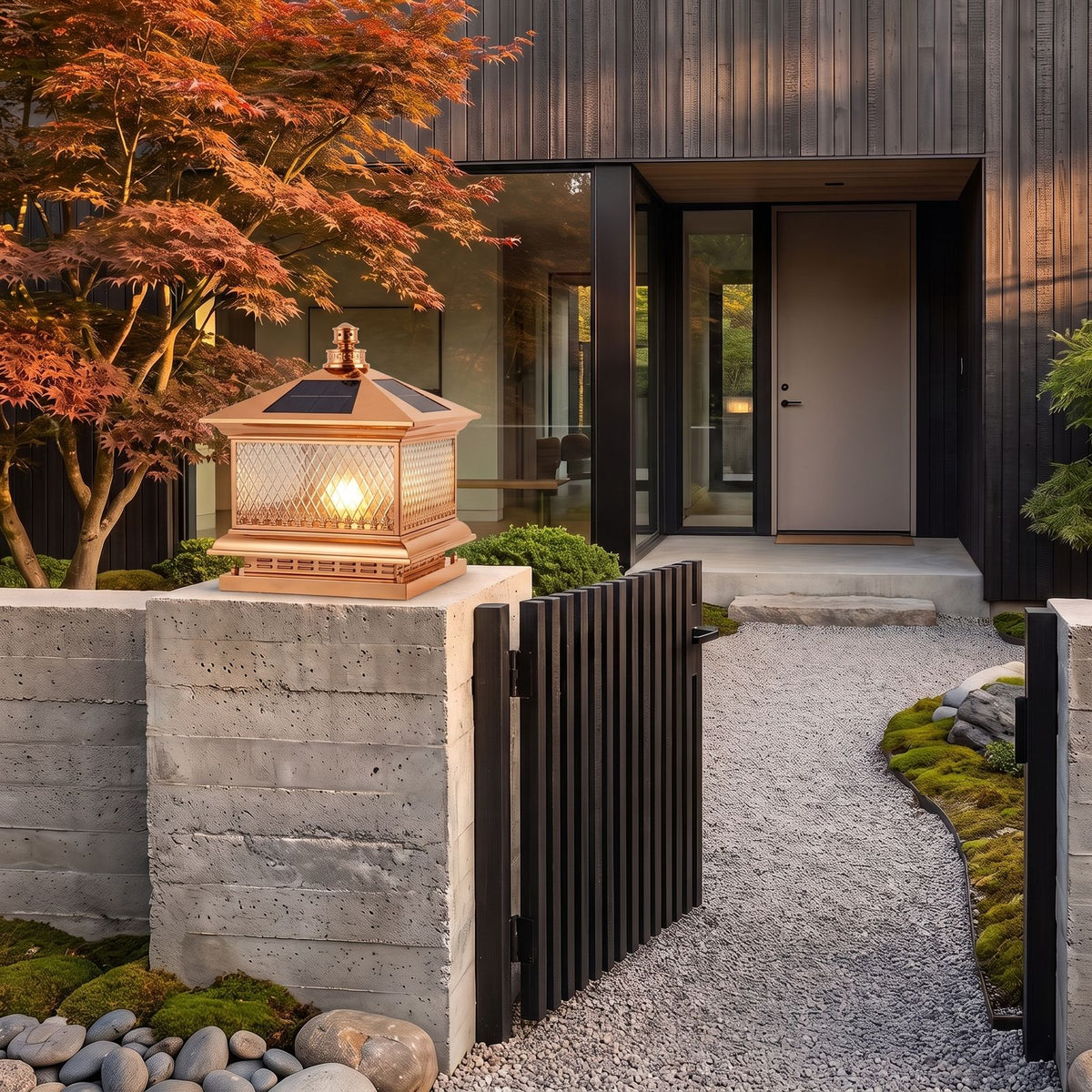 Diamond Pattern Glass Lantern Solar Post Light in copper on a sandstone gate pillar at dusk