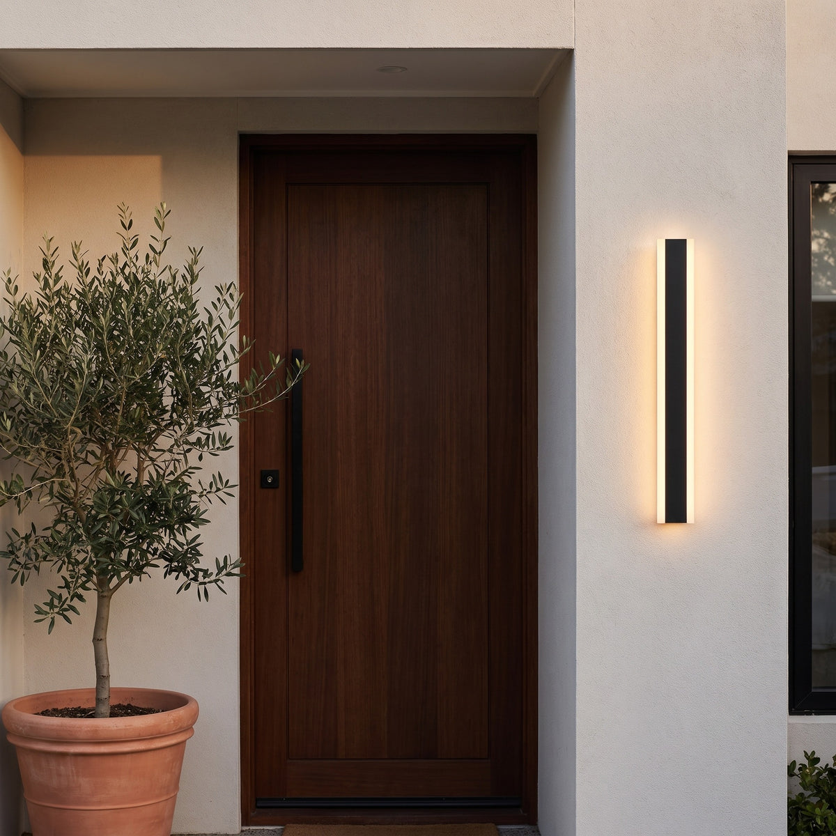 Linear LED wall light glowing warm white beside a timber front door and potted olive tree