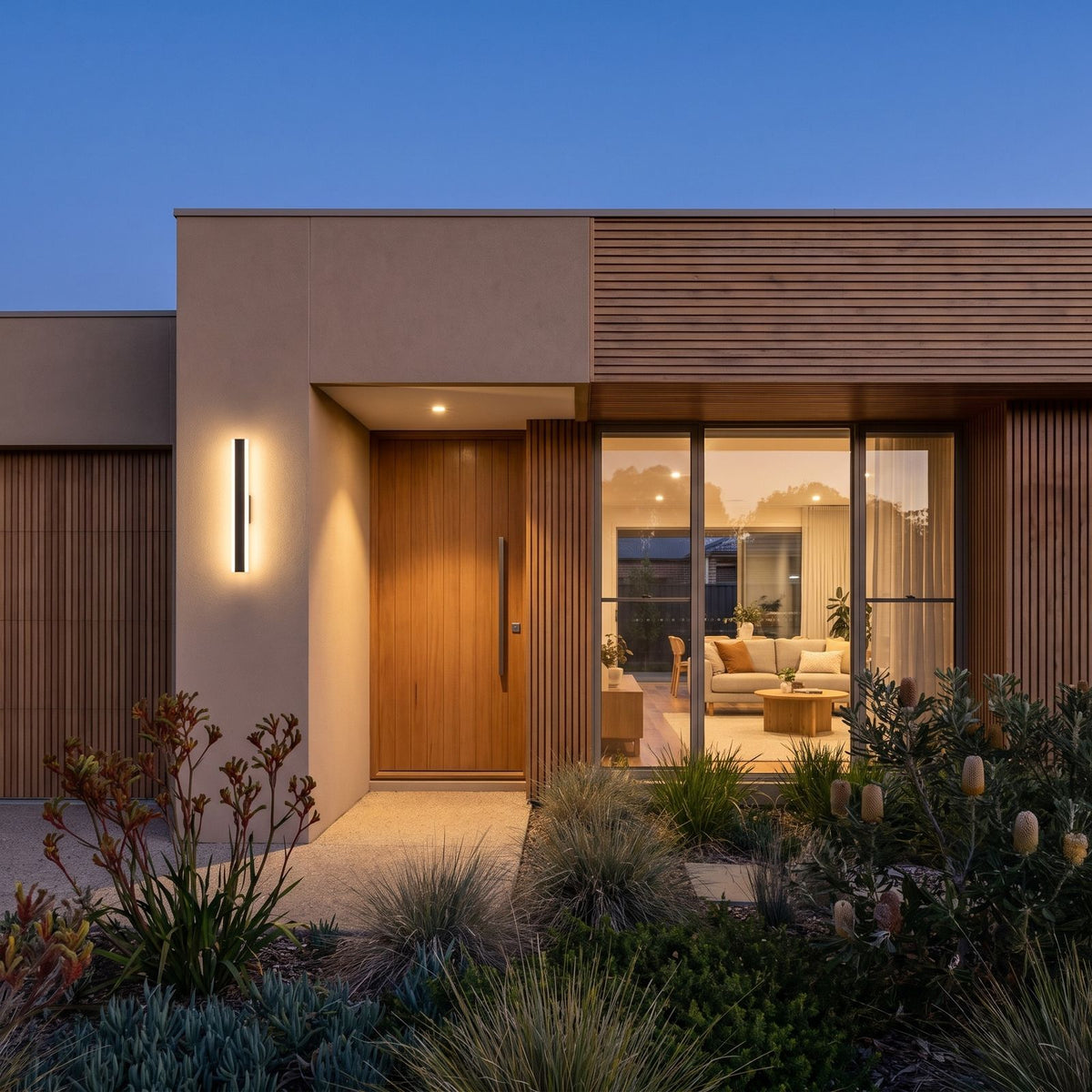 Modern home facade at blue hour with a linear LED wall light beside the entry