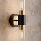 Double Bulb Clear Glass Tube Wall Light, close view at 45 degrees on a plaster wall