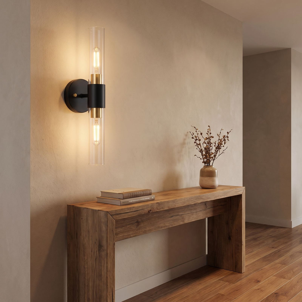 Double Bulb Clear Glass Tube Wall Light in a hallway above a timber console