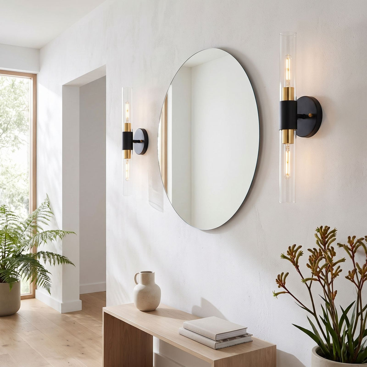 Double Bulb Clear Glass Tube Wall Light in a pair on a wall of an Australian home