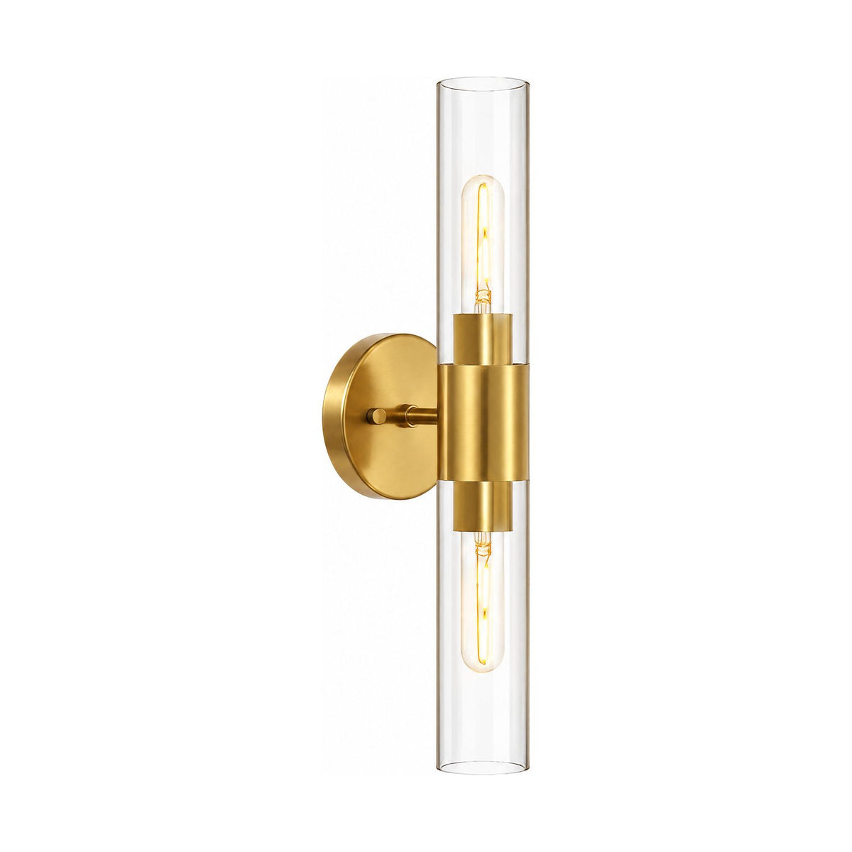 Double Bulb Clear Glass Tube Wall Light in Gold (2 lights) on a white background