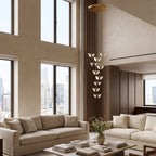 Double Ceramic Trumpet Cluster Chandelier in a double-height living room in daylight