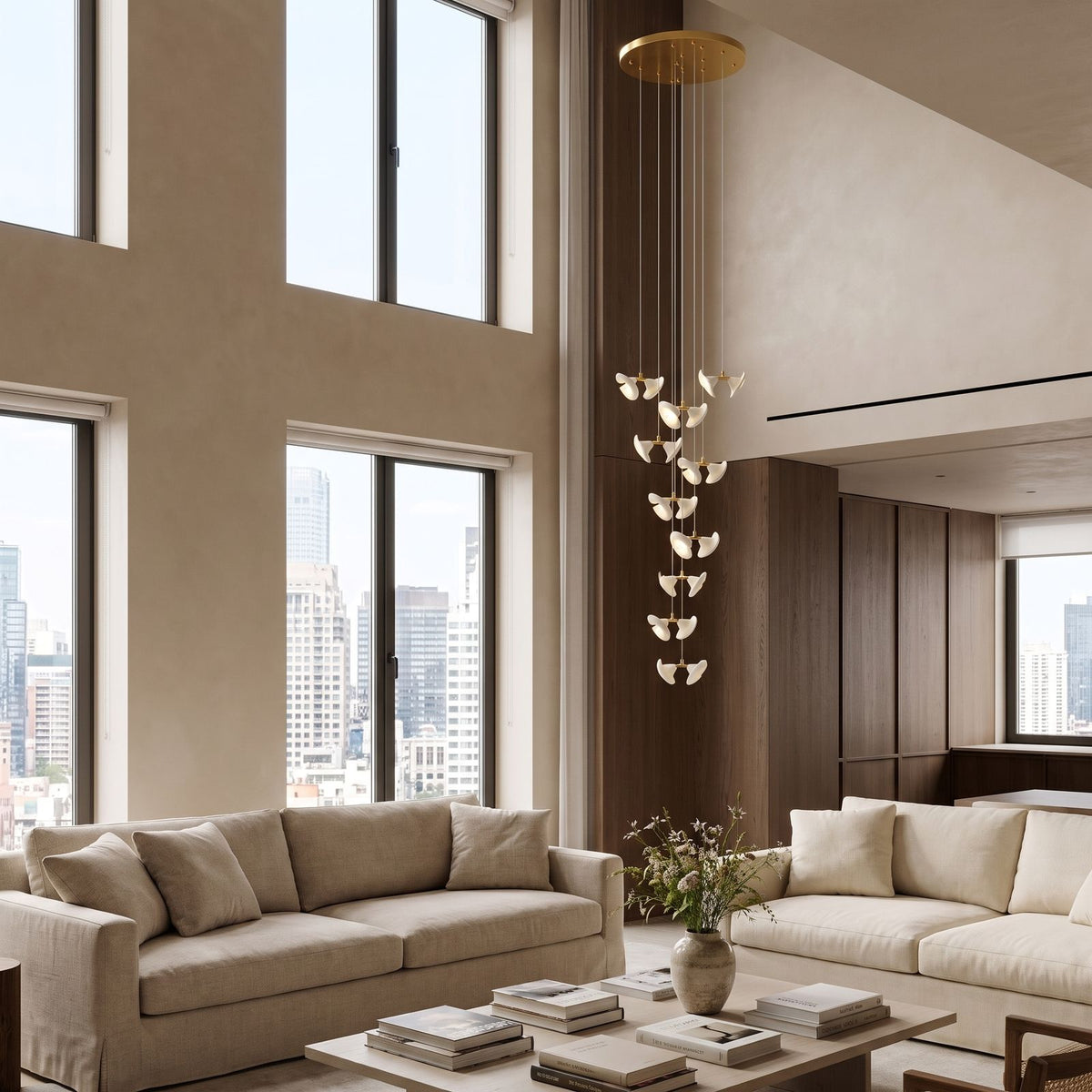 Double Ceramic Trumpet Cluster Chandelier in a double-height living room in daylight