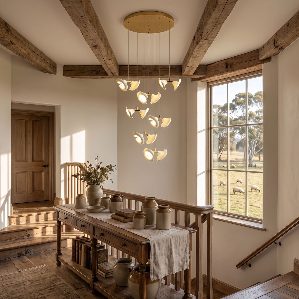 Double Ceramic Trumpet Cluster Chandelier in a stairwell, wide view