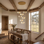 Double Ceramic Trumpet Cluster Chandelier in a stairwell, wide view
