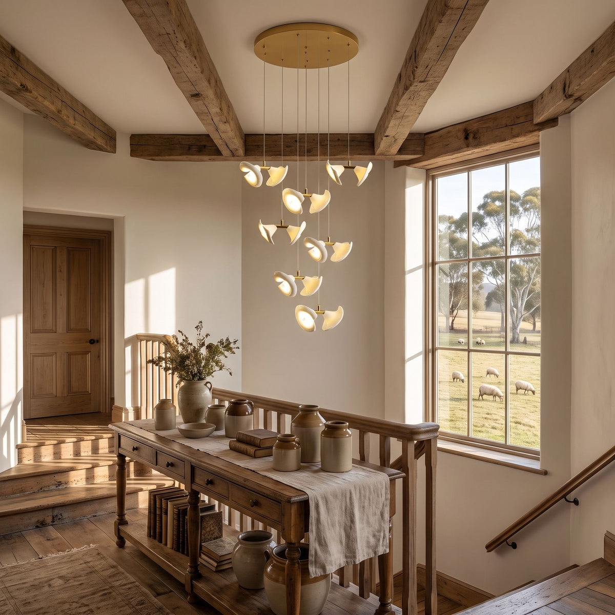 Double Ceramic Trumpet Cluster Chandelier in a stairwell, wide view