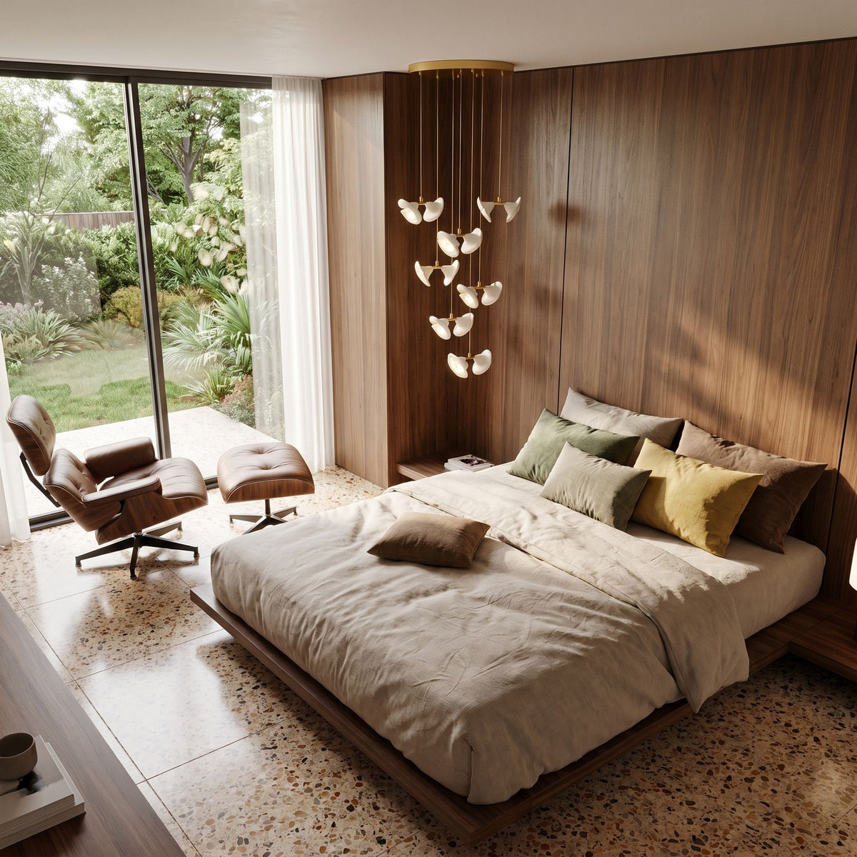 Double Ceramic Trumpet Cluster Chandelier beside a bed in a main bedroom in daylight