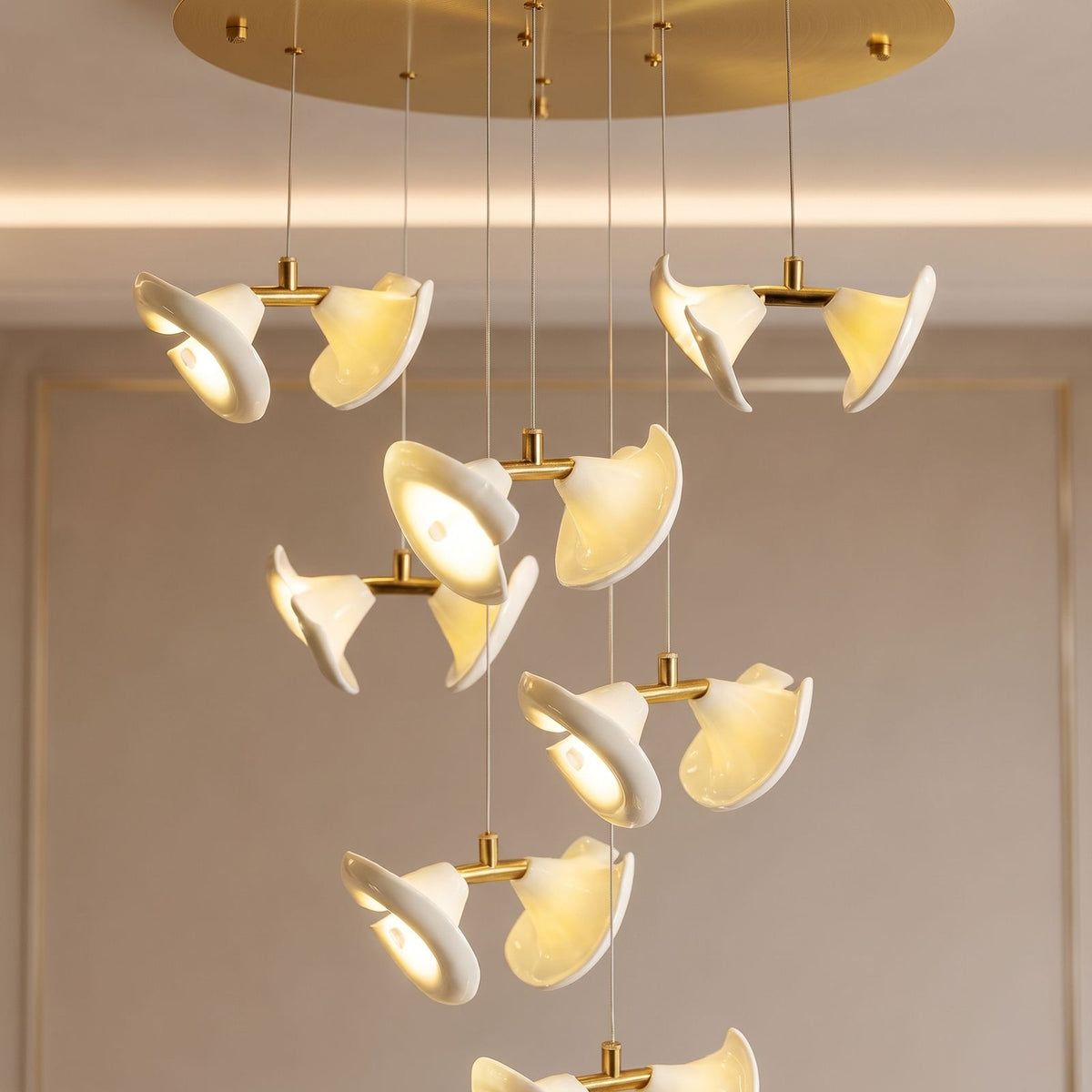 Double Ceramic Trumpet Cluster Chandelier: close-up of the materials and finish