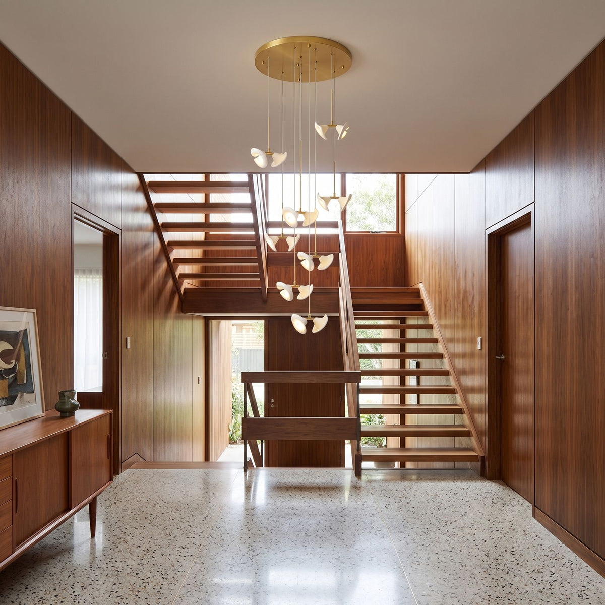 Double Ceramic Trumpet Cluster Chandelier, 20 lights, stairwell of a townhouse
