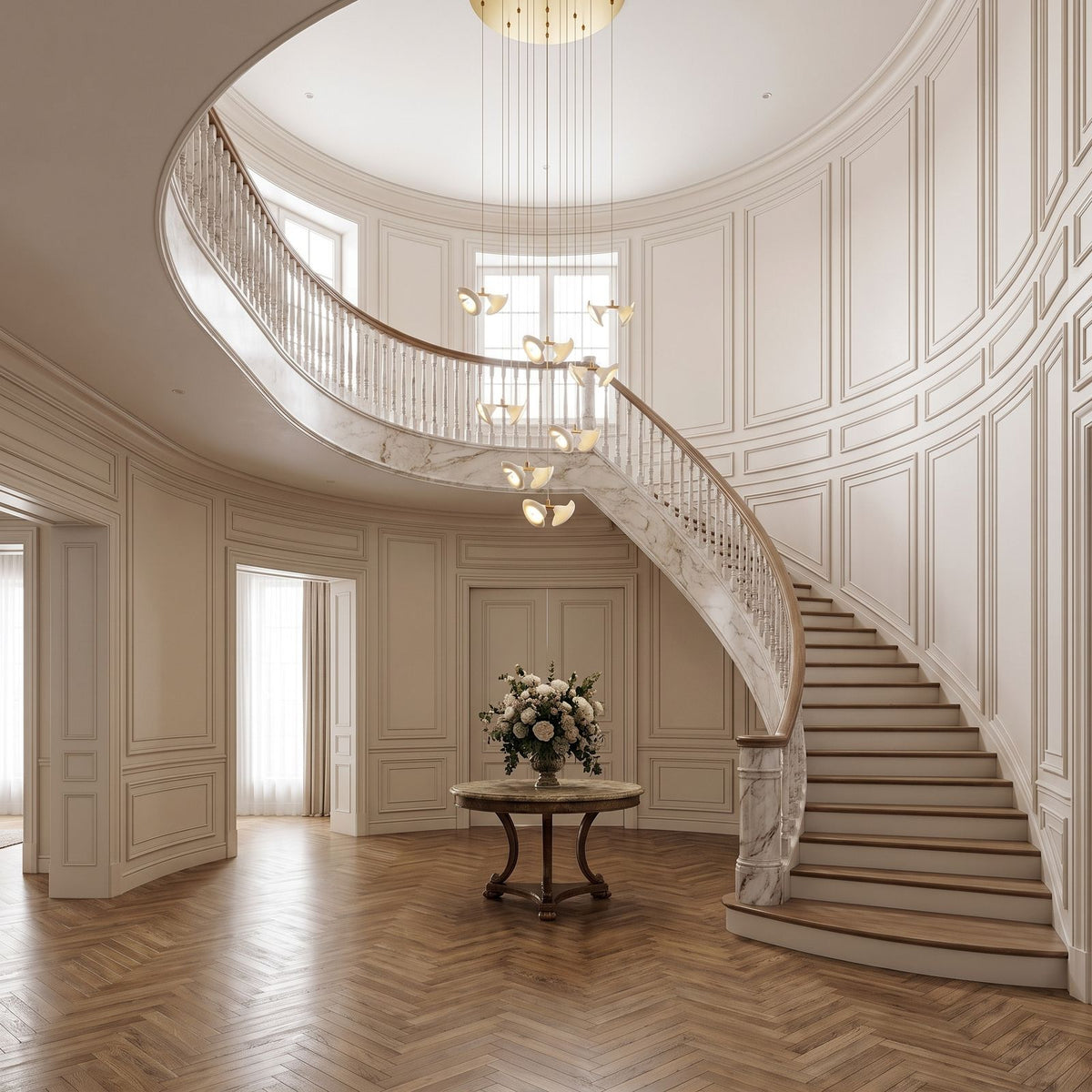 Double Ceramic Trumpet Cluster Chandelier, 44 lights, grand entry foyer with a curved staircase