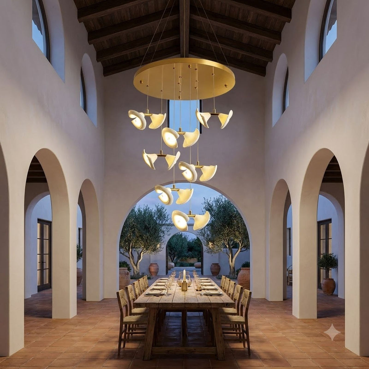 Double Ceramic Trumpet Cluster Chandelier, 56 lights, double-height dining hall