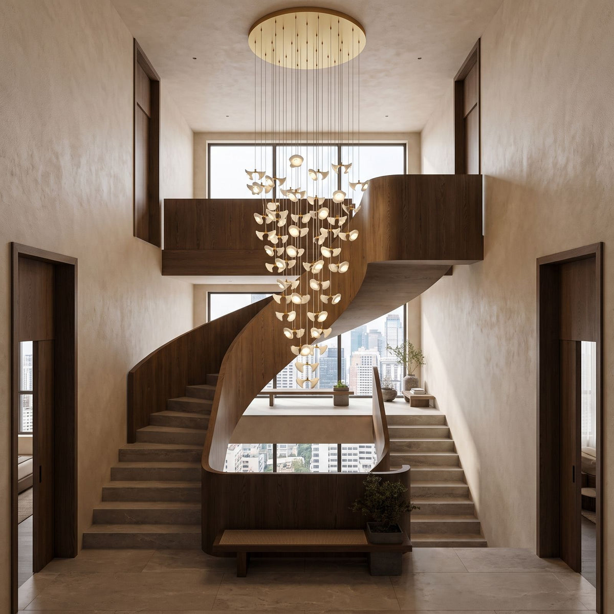 Double Ceramic Trumpet Cluster Chandelier, 80 lights, triple-height stairwell void