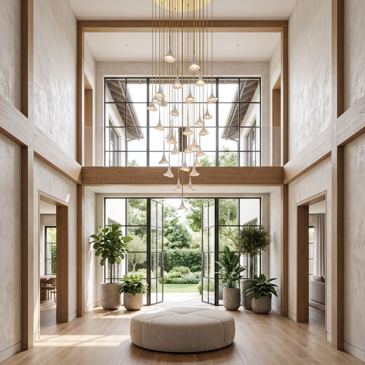 Double Ceramic Trumpet Cluster Chandelier, 128 lights, grand double-height atrium