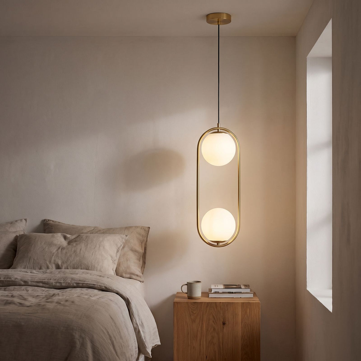 Double Frosted Glass Globe Oval Hoop Pendant Light beside a bed