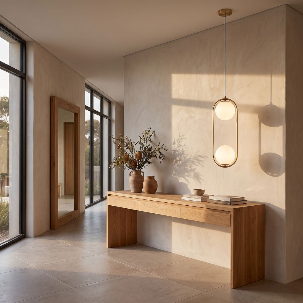 Double glass globe oval hoop pendant light in a wide entry hall view