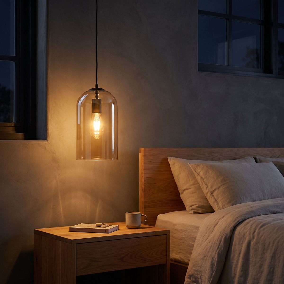 Double layer tinted glass bell pendant light beside a bed at night