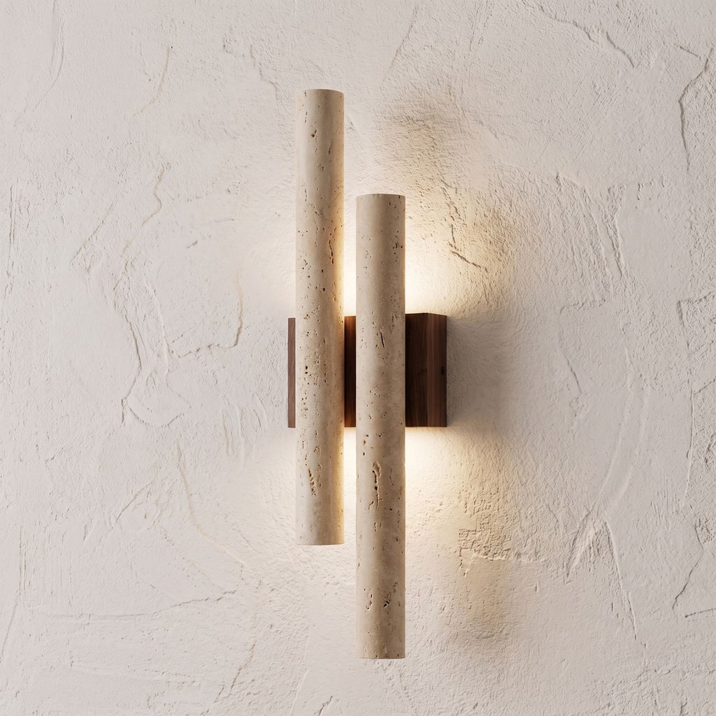 Double Travertine Column Wall Light, close view at 45 degrees on a plaster wall