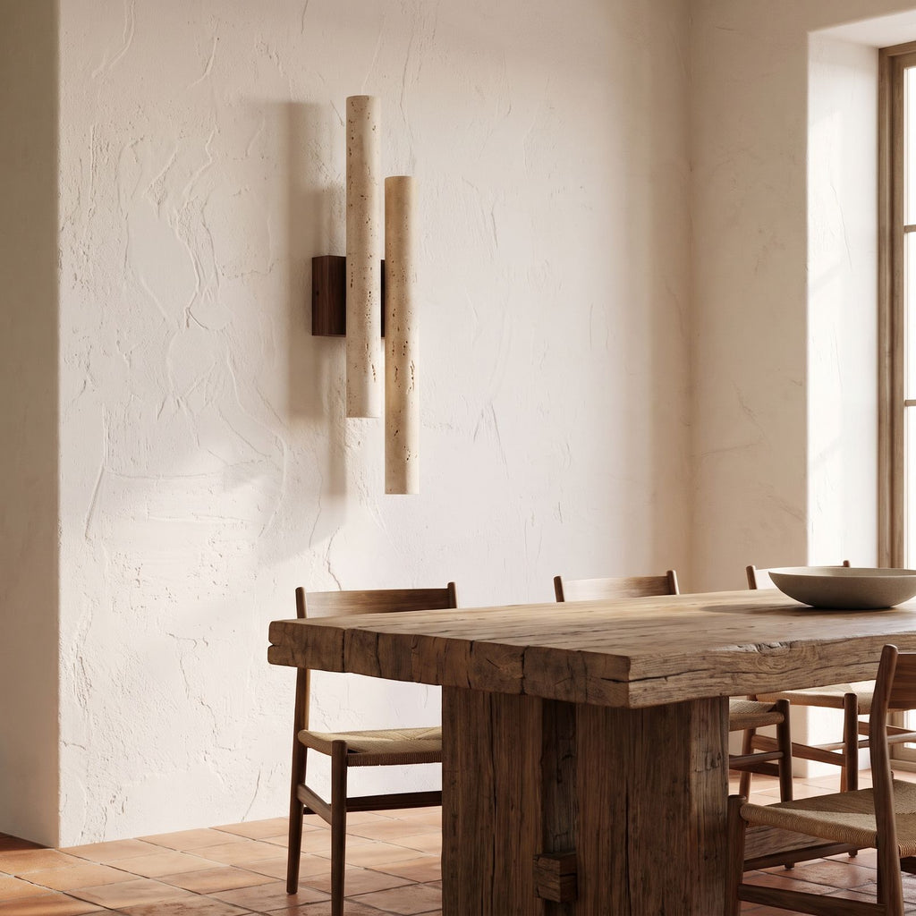 Double Travertine Column Wall Light on a dining room wall